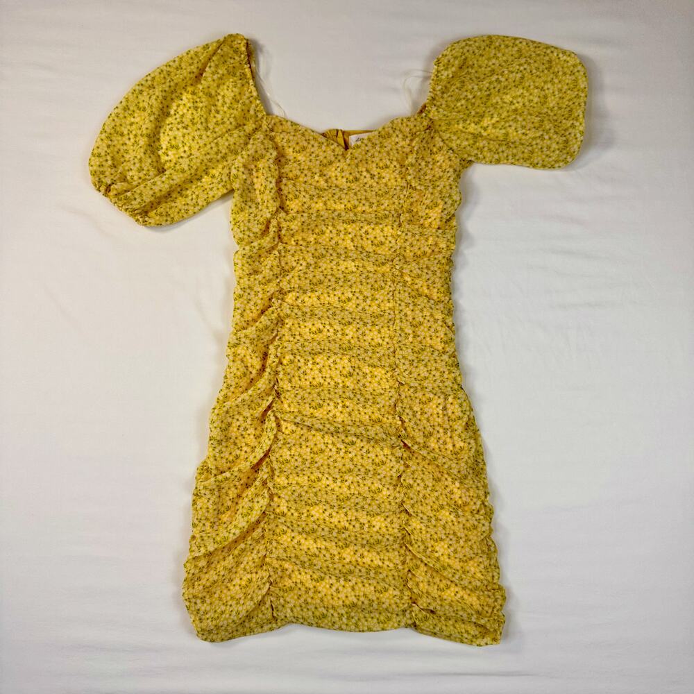 All In Favor Sasha Ruched Mini Dress Women's XS Yellow Puff Sleeve Coquette - Picture 11 of 16